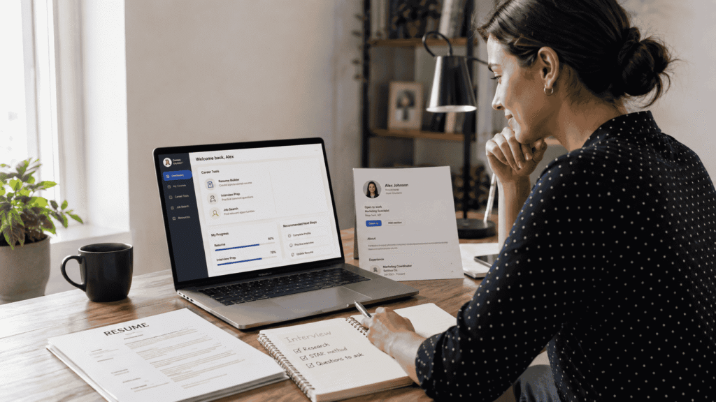 Young professional preparing a resume and interview checklist using online career support and job preparation tools.